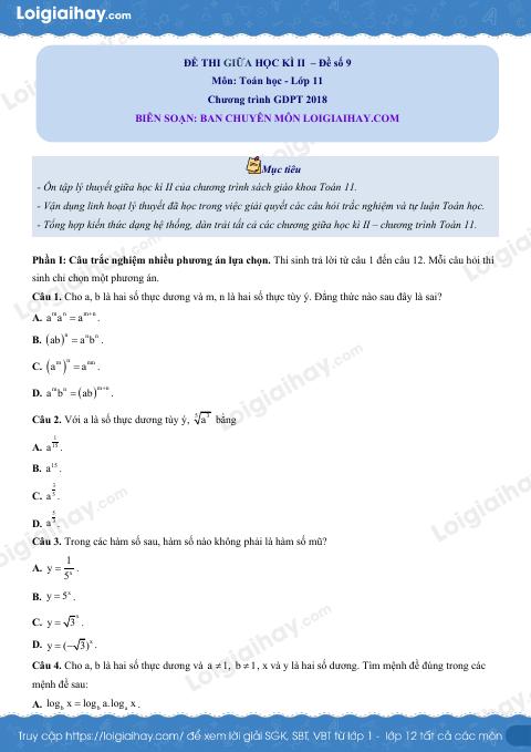 Đề thi giữa kì 2 Toán 11 - Đề số 9